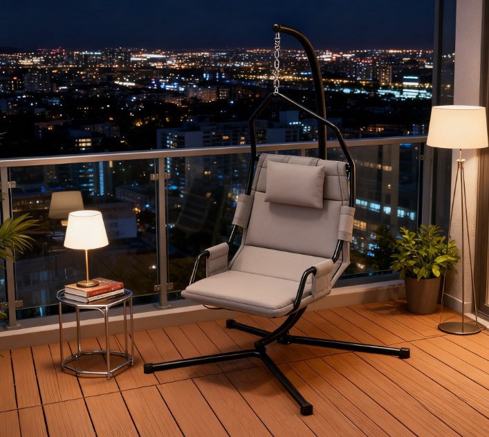 Balancelle suspendue avec structure en acier - Chaise hamac avec support et coussin revêtu, utilisation intérieure / extérieure, capacité de 265 lb
