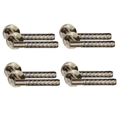 Golden Grace 4 Pair Knurled Diamond Cut T-Bar Door Handle Antique Brass Finish with Spindle and Screws