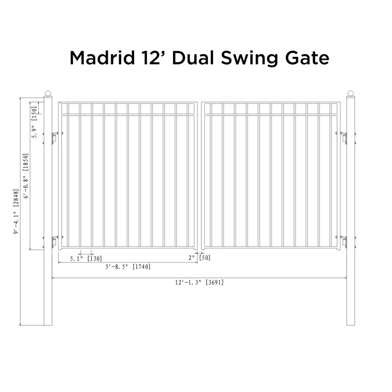 Madrid Style Black Steel Dual Swing Driveway Gate 12 x 6 Feet