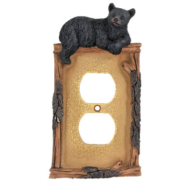 Resin Rustic Wall Plate Cover Black Bear on Logs Design