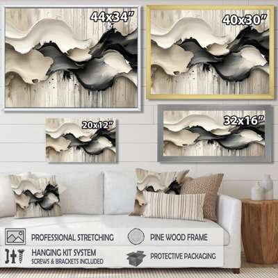 Grey On White Rhythmic Drizzle Ink River II - Abstract Modern Waves Wall Art