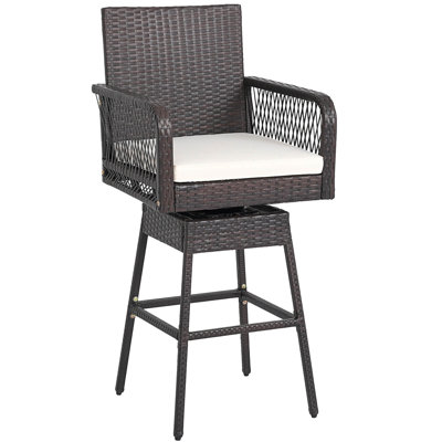 29" Patio 360° Swivel Bar Stool with Cross-Woven Armrests Footrest & Seat Cushion
