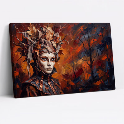 «White Masked Woman with Leaf Crown In Autumn Halloween», art mural sur toile
