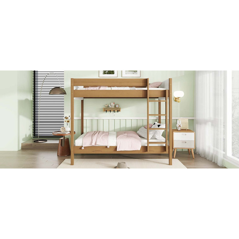 Lit mezzanine simple avec bureau, structure de lit mezzanine rembourrée avec échelle, barrières de sécurité, bois d'hévéa, tête / pied de lit en tissu molletonné