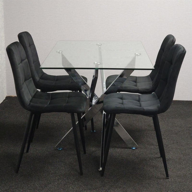 Dining Table and 4 Chairs Rectangle Table 4 Velvet Chairs Dining Set, Black