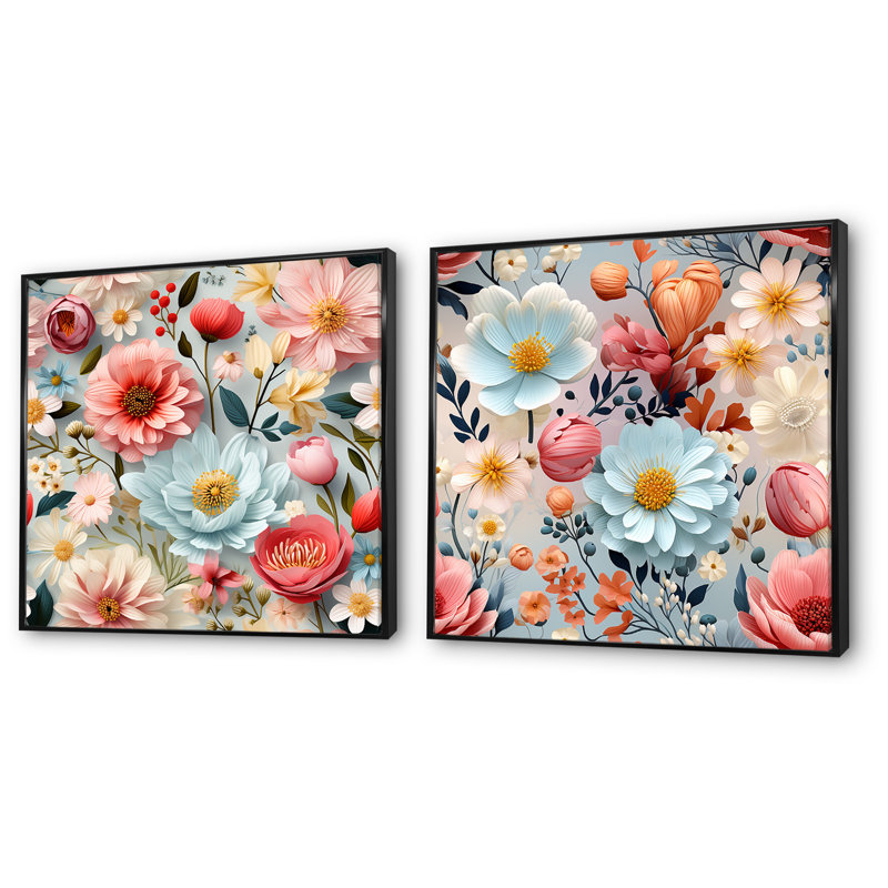 Flavio - ensemble de 2 reproductions d'art sur toile florales, Cadre noir, H 36 po x l 73 po x P 1,5 po