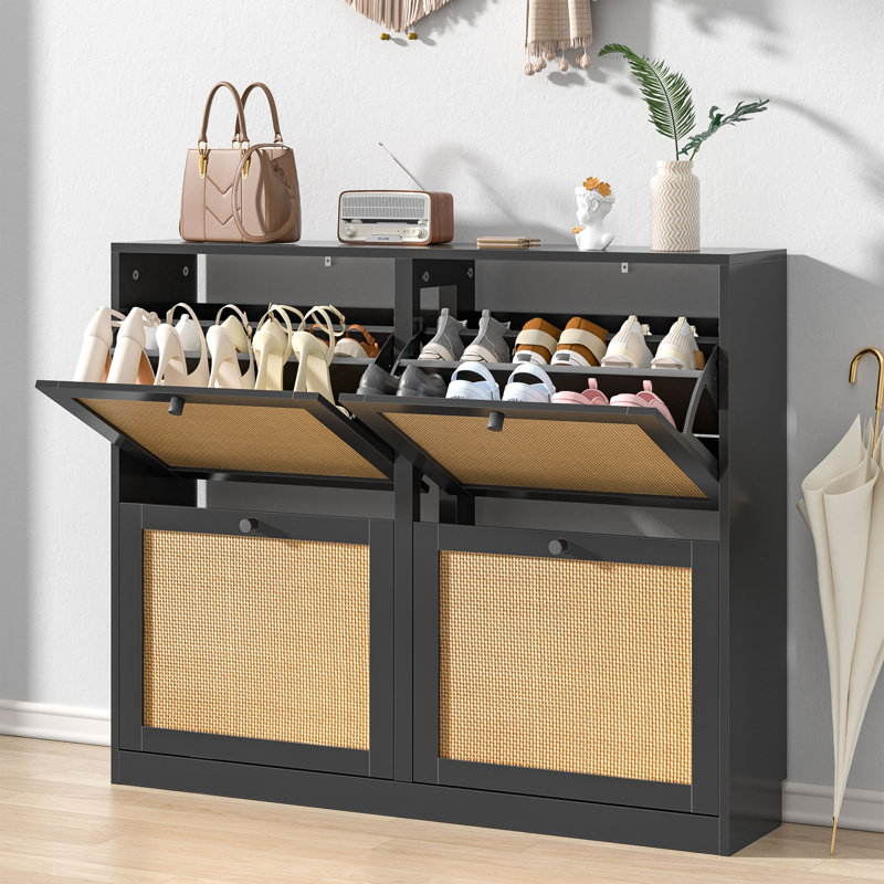 20 Pair Shoes Storage With 4 Flip Drawers Rattan Shoe Cabinet For Entryway, Black