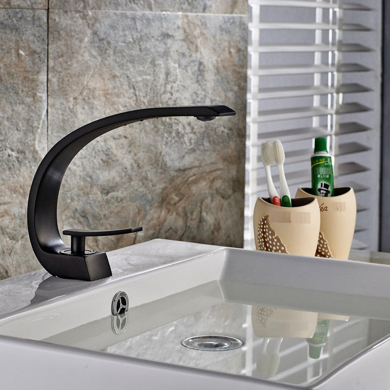 Robinet pour salle de bain Modern Waterfall - Robinet monotrou avec finition nickel, Noir