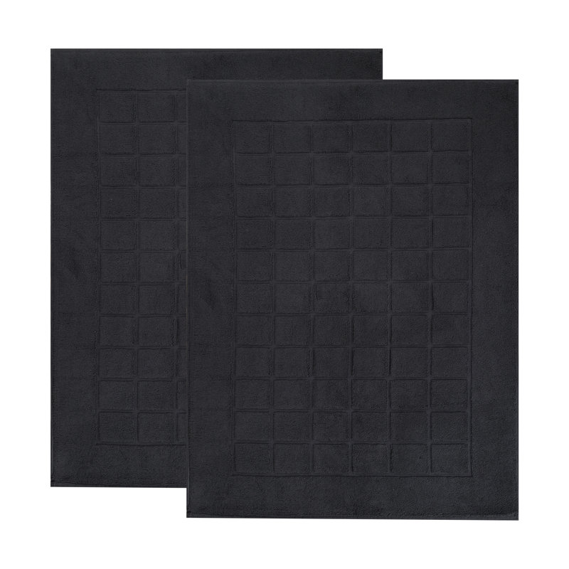Nora Cotton Terry Solid Absorbent Thick Checkered Washable 2 Piece Bath Mat Set, Black