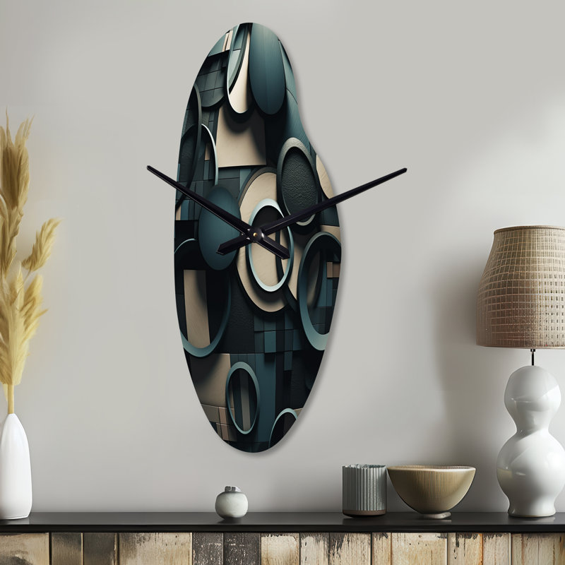 Teal Fragmented Forms - Cubism Curved Metal Clock, Modern Asymmetrical Wall Clock Print, Moyenne
