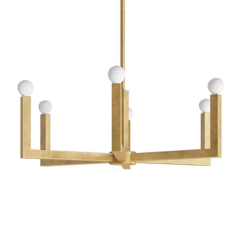 6 - Light Dimmable Geometric Chandelier, Heritage Brass, 27"