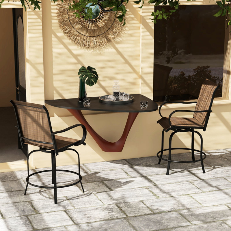 Tabourets de bar en bord de piscine brun clair, 2 chaises pivotantes à 360 ° avec structure en acier et tissu à mailles élevées pour patio, balcon, tabourets de salle à manger d'extérieur, filet d'accoudoirs, bord de piscine, cour arrière