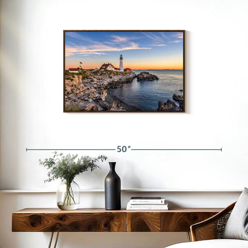 Coucher de soleil sur le phare de Portland Head, Cadre flottant noyer, 31 po x 21 po