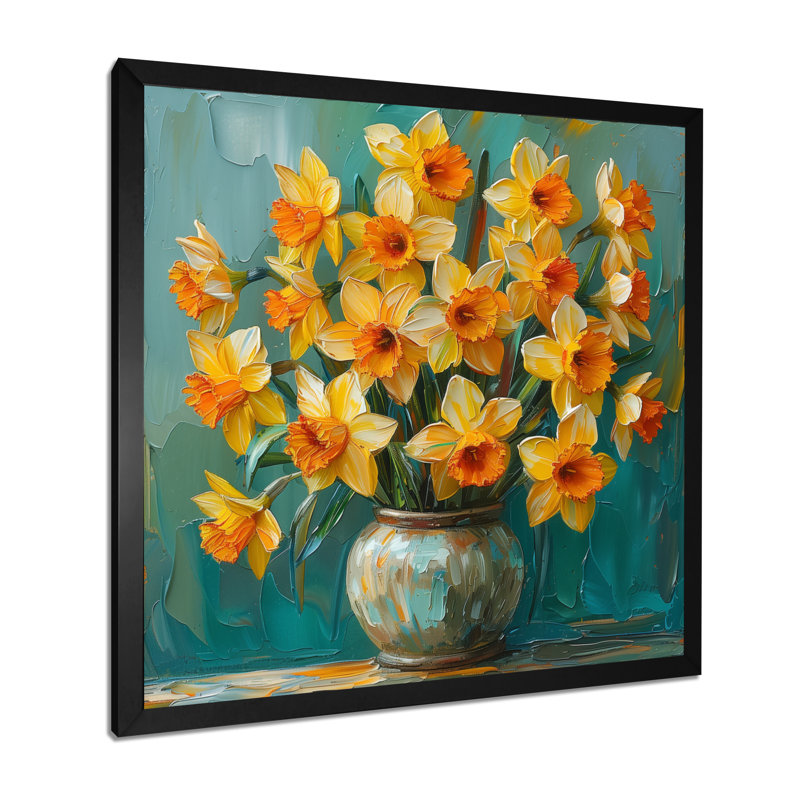 Bloom, orange, nature morte, jonquilles II - Jonquilles, art mural, salon, Cadre simple noir, H 16 po x l 16 po