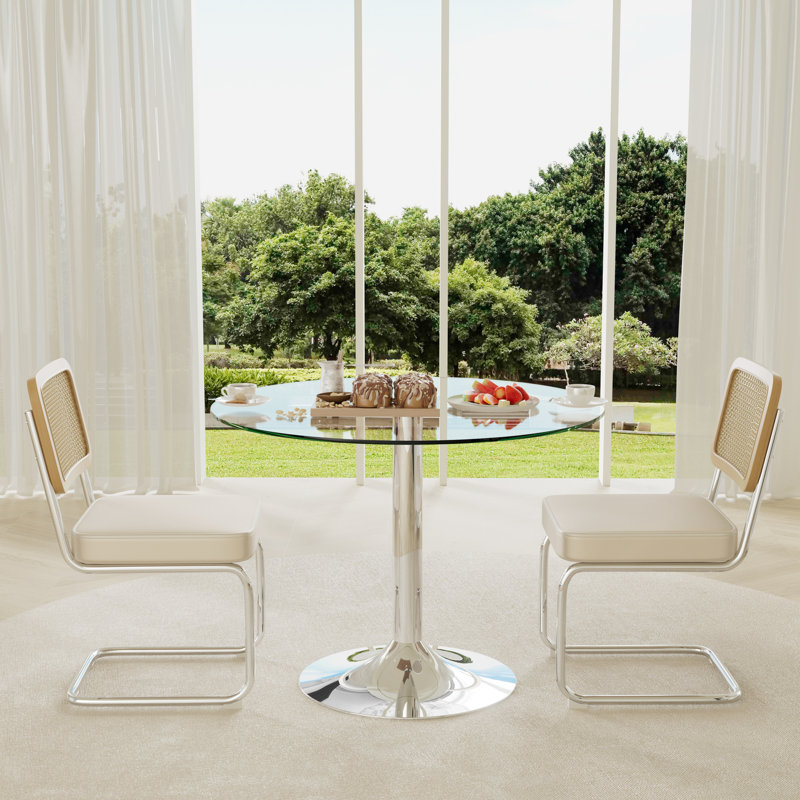 3-Piece Round Glass Dining Table Set, Beige, 29.5" H x 35" L x 35" W