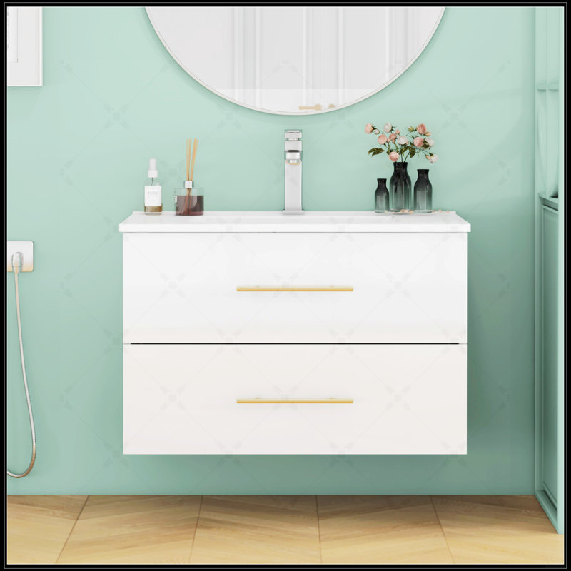 Meuble-lavabo mural avec lavabo, tiroirs doubles, lavabo en céramique, assemblage facile, 24", Blanc lustré