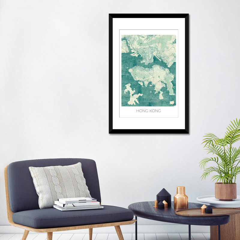 « hong kong rétro blue urban blueprint map », impression sur toile, H 24 po x l 16 po x P 1 po, Papier d'art encadré noir