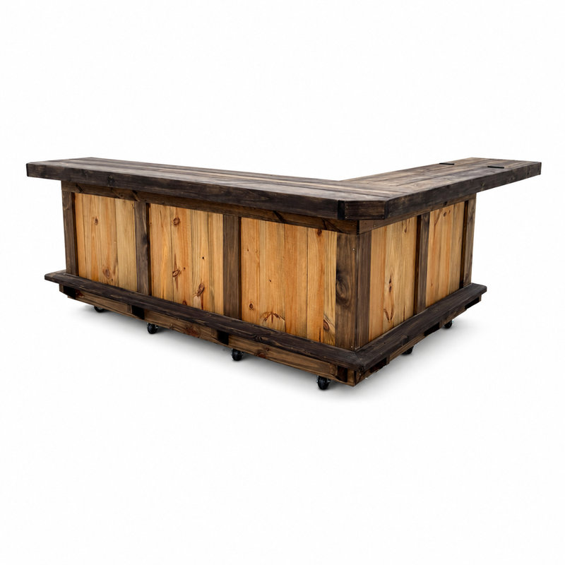 Station de barman en bois 8x4 en forme de L avec 2 tablettes, repose-pieds double, finition teint