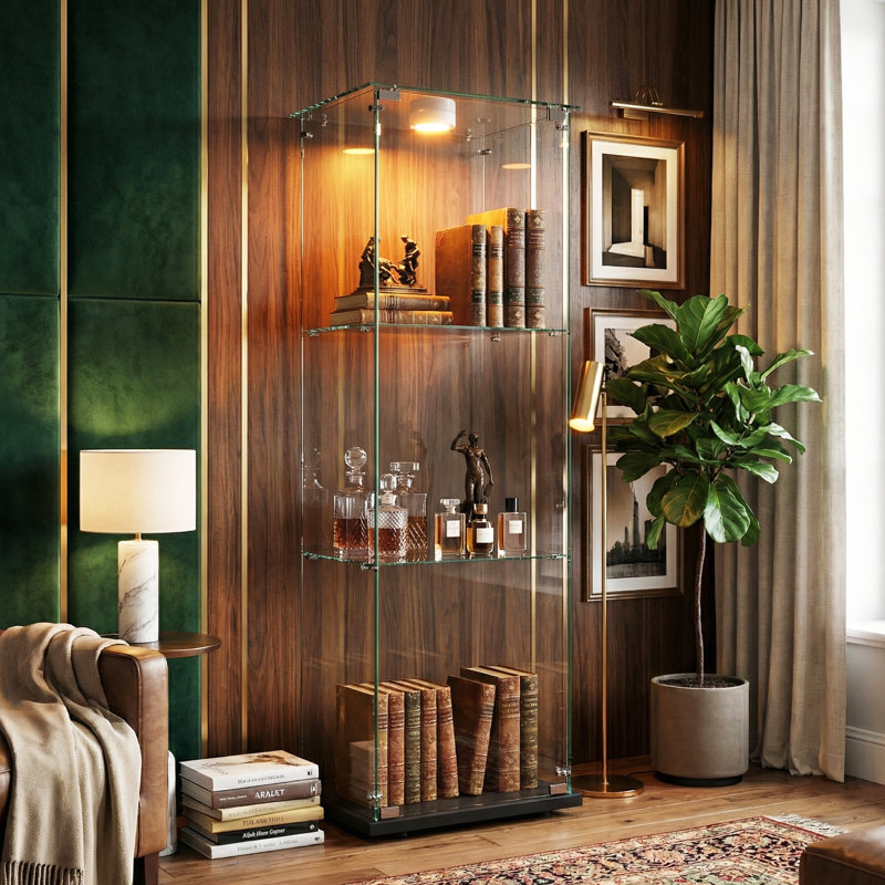 3-Tier Single Door Glass Display Cabinet with LED Puck Light,  Compact Frameless Curio Cabinet with Glass Top, Black / White