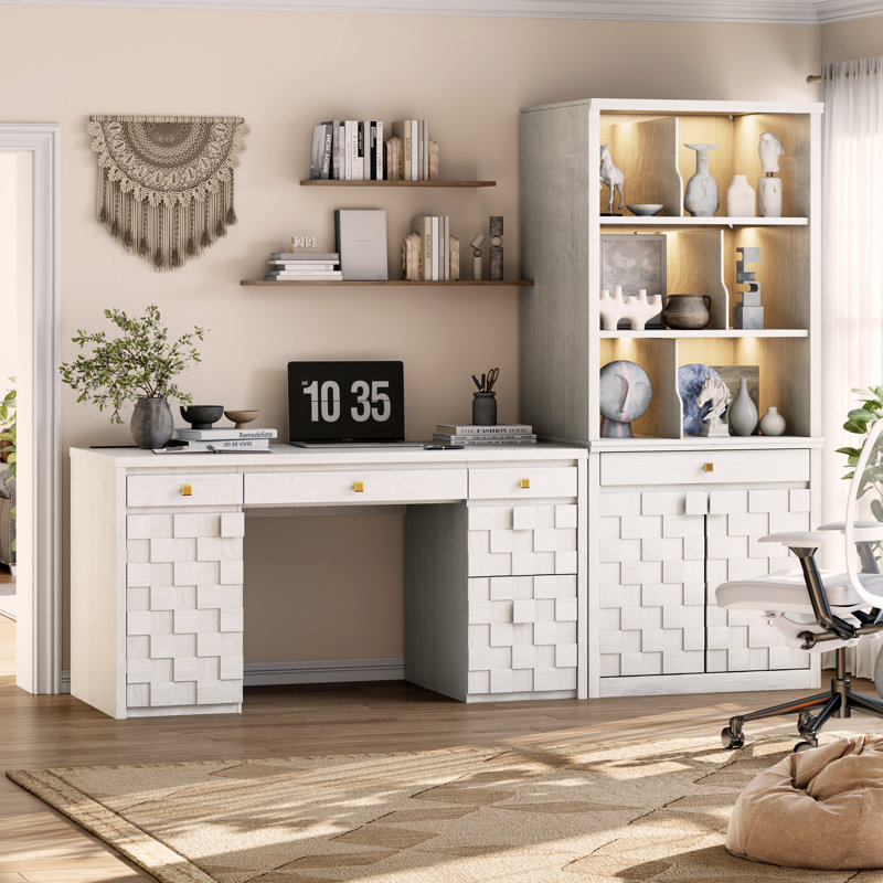 Bureau à domicile de 58 po avec tiroirs, bureau de direction avec station de recharge et plateau à clavier, bureau d'écriture moderne avec tiroir de classement et armoire de rangement, bureau d'ordinateur en bois avec tablette réglable