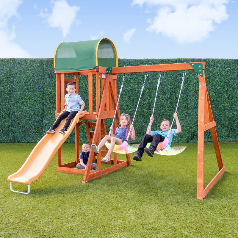 Portique en bois avec glissoire et sièges lumineux à DEL The Swing Company