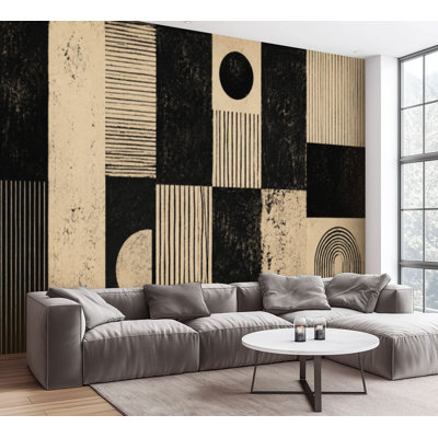 Wall Mural Peel and Stick Wallpaper Modern Minimalist Black Stripes Maze Lines Vintage Boho Charcoal Grey Self-Adhesive Removable Contact Paper Wall Decor for Living Room Bedroom 100"H x 144"W
