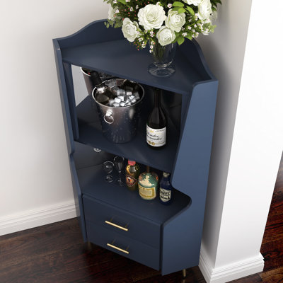Blue Corner Sideboard With Mirrored Back, Two Open Shelves For Wine Storage And Glassware, Drawers Small Trinkets, Stable High - End Style Sideboard, Interior, Shelf Spaces Liquor Bottles Jewelry,