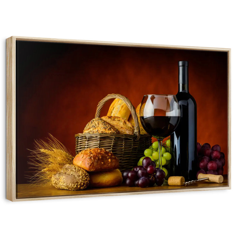 Wine And Bread, 31" X 21", Floating Frame Natural Wood
