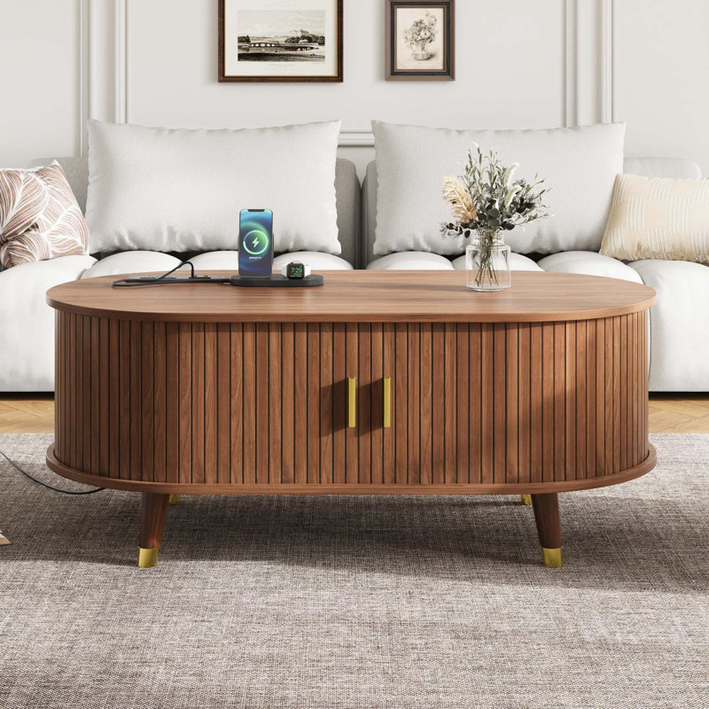 42.5"W Wooden Oval Fluted Coffee Table with Charging Station,Mid-Century Center Table with Sliding Tambour Door,Farmhouse Cocktail Table with Solid Wood Legs for Living Room