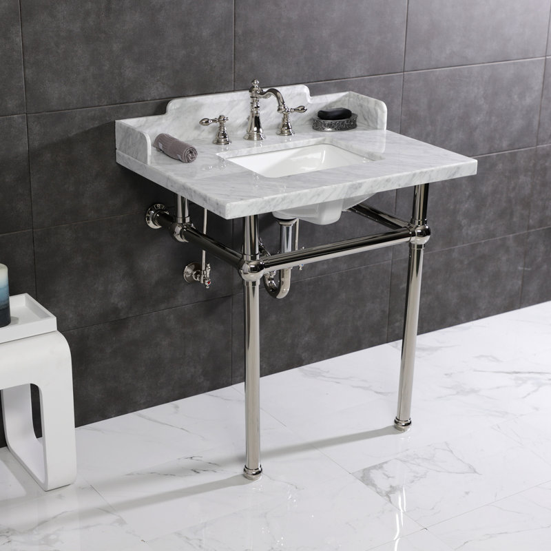 Kingston Brass Pemberton 30-Inch Carrara Marble Console Sink with Brass Legs (8-Inch, 3-Hole), White/Polished Nickel
