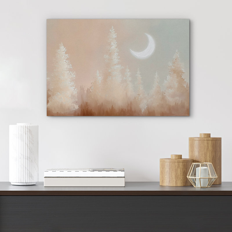 «Pastel Toned Crescent Moon Forest Scene», reproduction d'art sur toile encadrée, H 12 po x l 18 po x P 1,5 po, Toile tendue