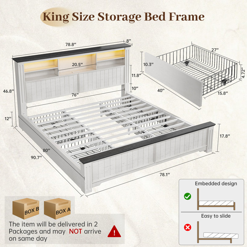 Structure de lit de ferme avec tête de lit et éclairage à DEL et USB, 4 tiroirs sous le lit, station de charge intégrée, aucun bruit, aucun sommier nécessaire