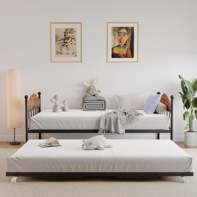 Daybed with Trundle, Height Adjustable, Rustic Brwon