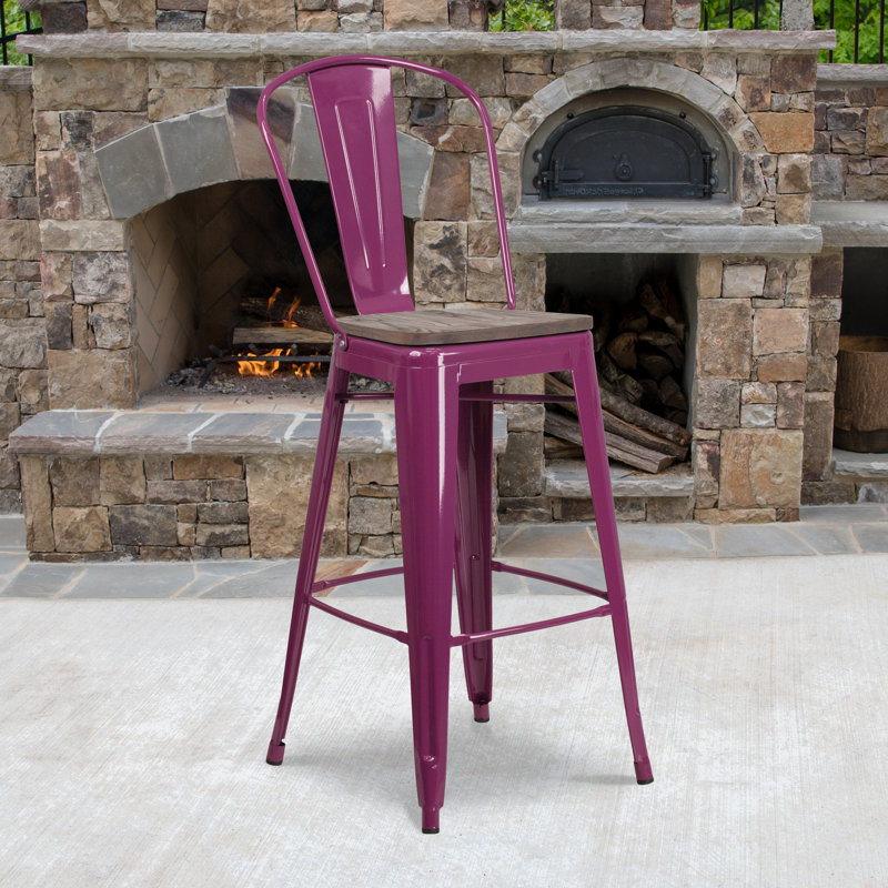 Tabouret de bar ou de comptoir en métal Marian avec dossier et siège en bois Marian, Violet, 1