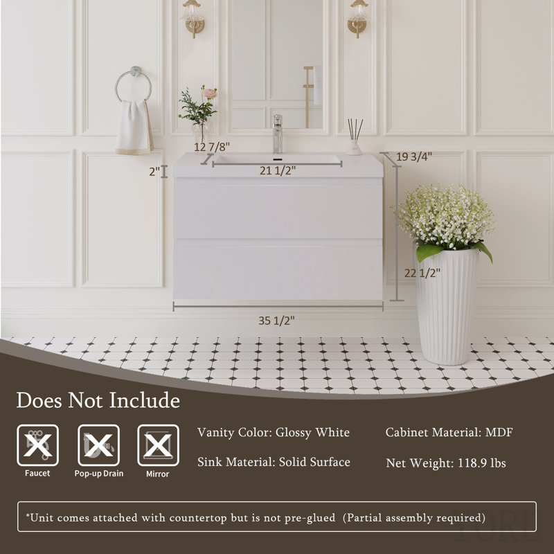 Meuble-lavabo suspendu de 91 cm avec lavabo, meuble de rangement mural moderne avec lavabo en surface solide et tiroirs à fermeture amortie, entièrement assemblé, blanc brillant