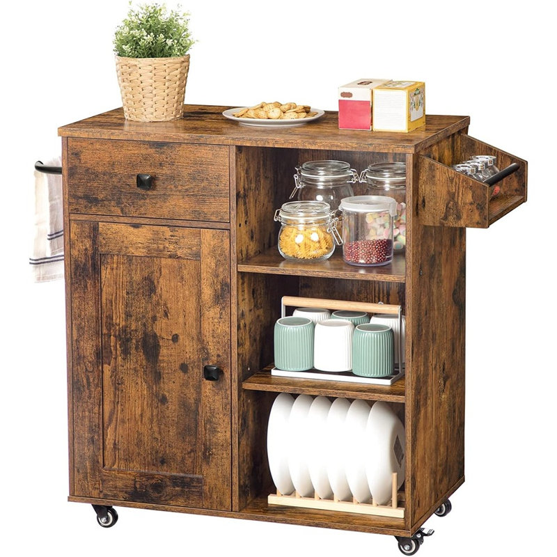 Meuble de rangement pour îlot de cuisine avec tiroir, étagère à épices et porte-serviettes, design gain de place, brun rustique