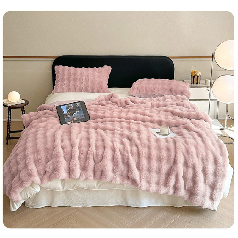 Jeté ultra doux et moelleux en fausse fourrure de lapin, L 60 po x L 80 po, Rose
