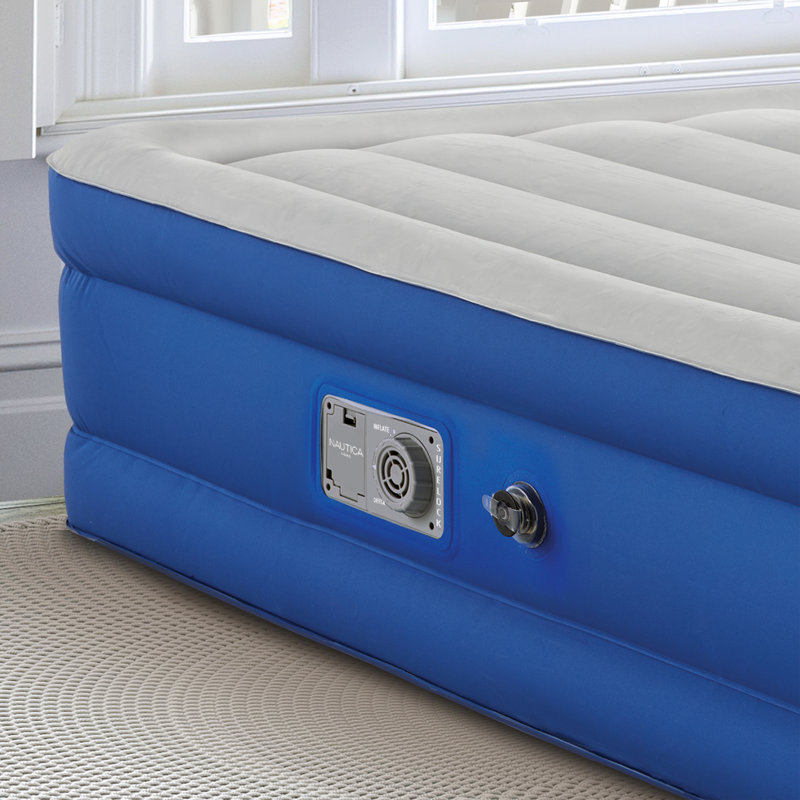 Queen Size Blue and White Inflatable Air Mattress with Built-in Pump