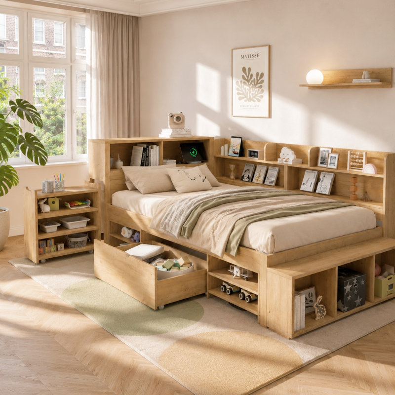 Bed-With Drawers, Bookcase And Storage Cupboard, Single (3'), Natural