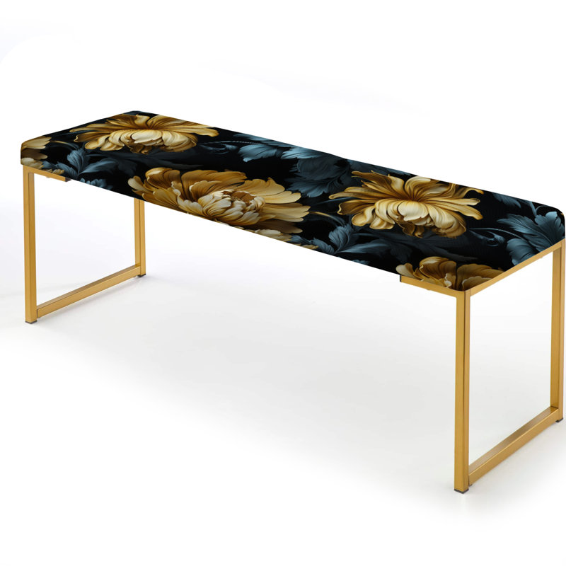 Upholstered Gold Bench, Dark Blue And Golden Gilded Damask Glamour