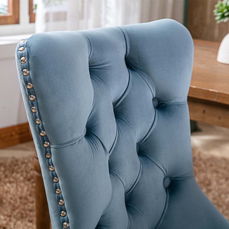 Gayna Velvet Side Chair, Light Blue Velvet, Brown
