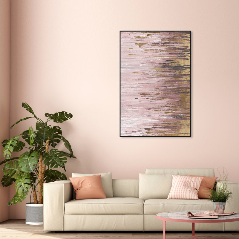 «Blush Rains Duet I», peinture sur toile, H 54 po x l 36 po, Toile avec cadre noir