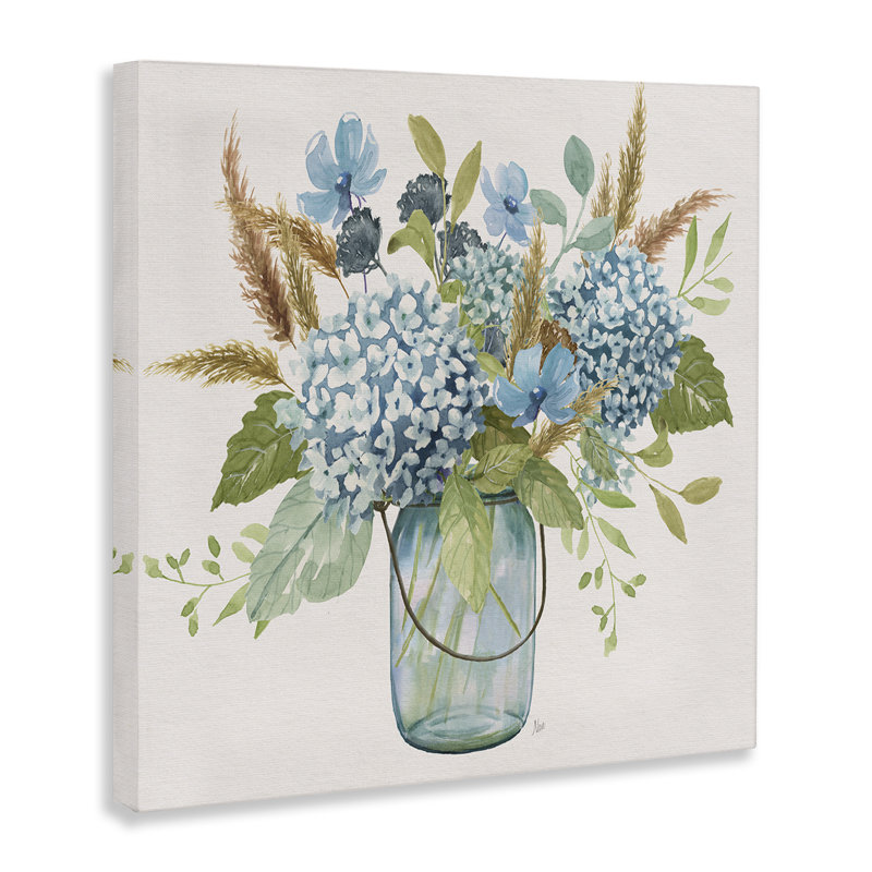 Hydrangées dans une toile Mason Jar, design par Nan, H 17 po x l 17 po