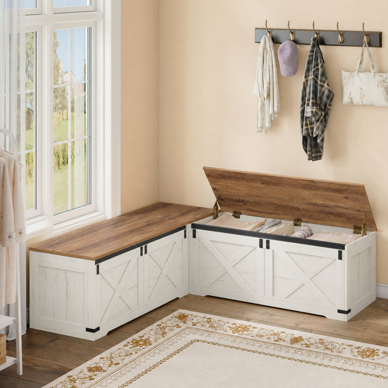 Banquette d'angle de 160 cm avec rangement, banquette en bois en forme de L, 550 litres, idéale pour l'entrée, la salle à manger ou les toilettes, blanc rustique