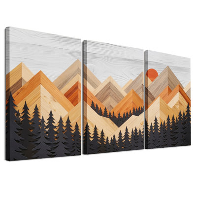 Ensemble de 3 toiles murales représentant des montagnes de bois superposées avec des pins noirs
