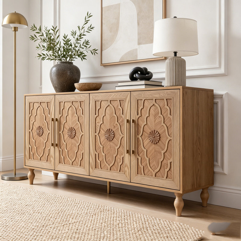 Grande armoire de rangement sculptée à porte fleurie avec poignée en métal, Bois naturel