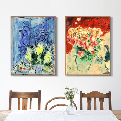 Reproduction d'art numérique sur toile encadrée, 2 pièces par Marc Chagall, série d'art mural n ° 07 pour les décorations de bureau à domicile (cadre de couleur bois mince, 18 po x 24 po chaque pièce)