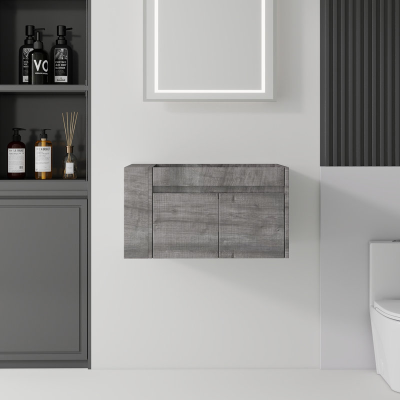 Armoire de base de meuble-lavabo mural en contreplaqué gris avec portes doubles à fermeture en douceur et tablette latérale ouverte, armoire seulement