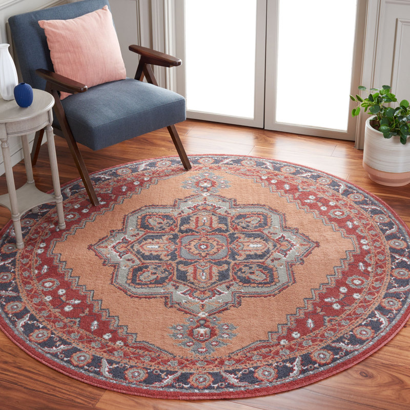 Tapis oriental en polypropylène tissé à la machine Manojlo de couleur rouille / ivoire / gris, Rond 6 pi 7 po