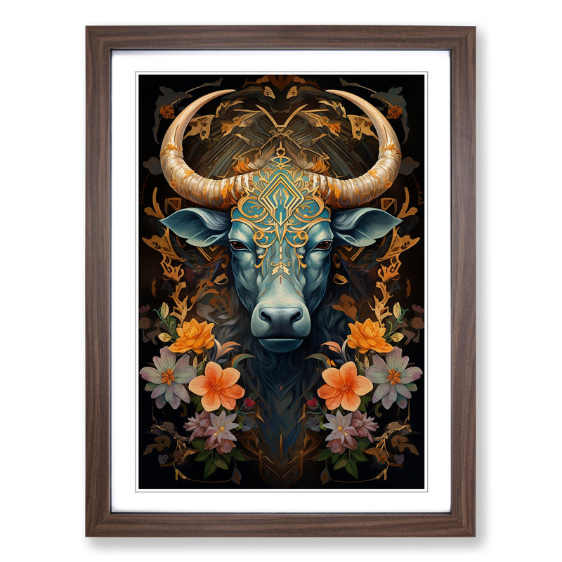 Taurus Zodiac Art Deco - Single Picture Frame Print on Wood, Walnut, 34cm H x 25cm W x 2cm D